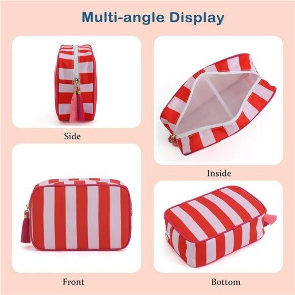Large stripe canvas makeup bag tassel travel cosmetic toiletry storage bag pink - Picture 5 of 7